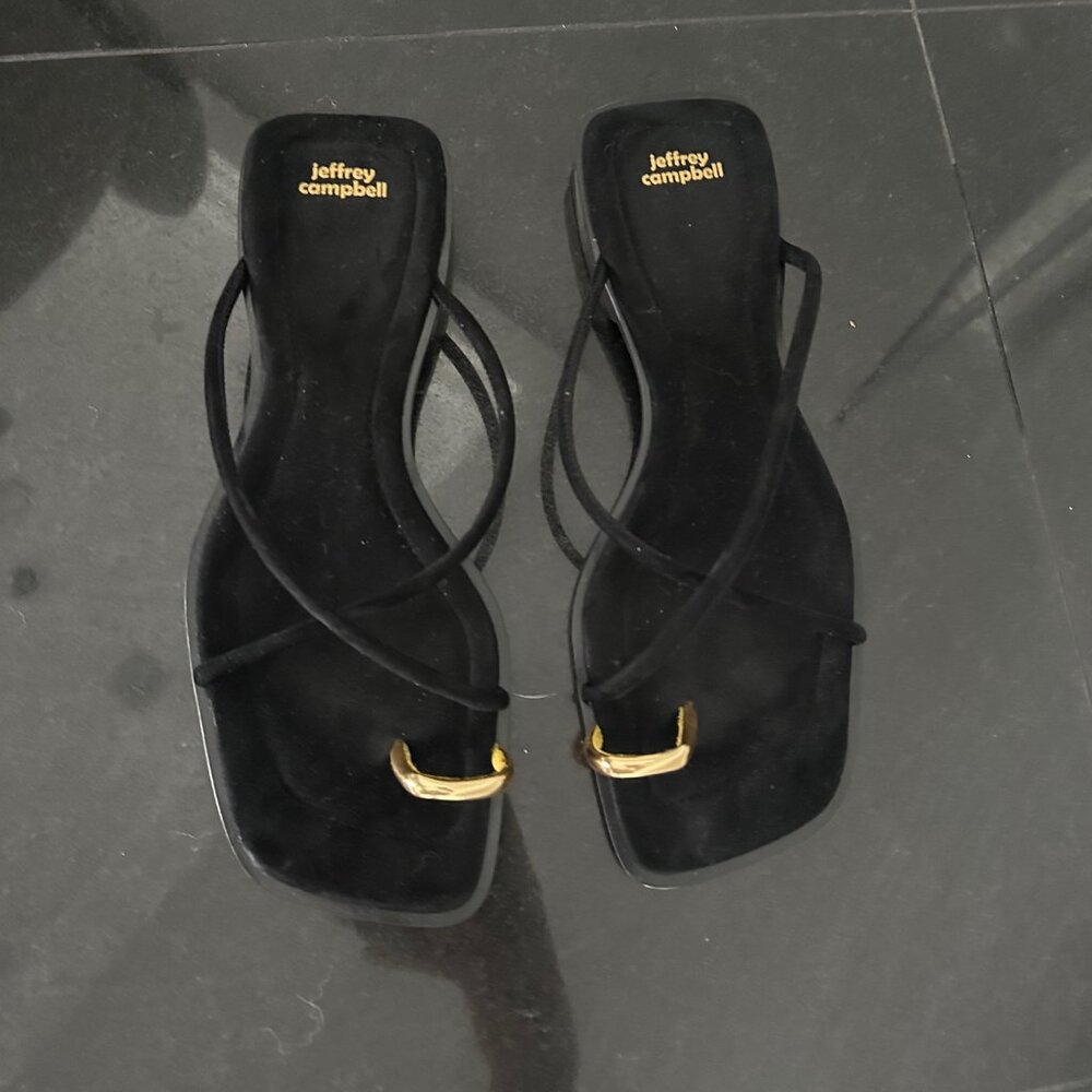 Jeffrey Campbell Islander Slide Sandal In Black Suede Gold